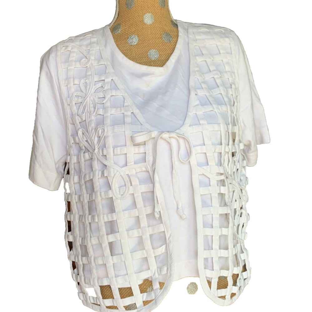 Vintage Jantzen Petites Cottagecore Top Vest Style Shirt White Floral Medium